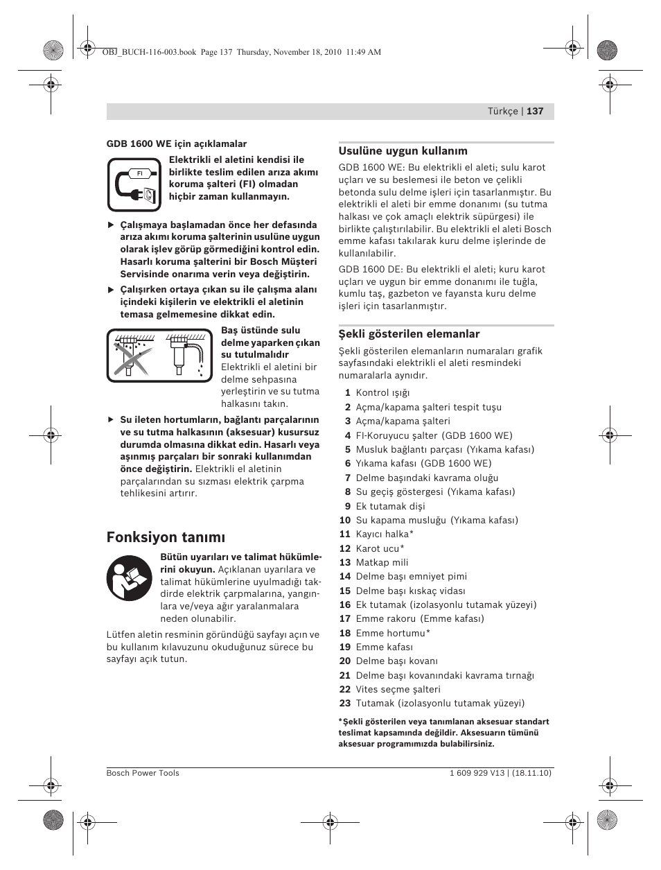 Fonksiyon tan m | Bosch GDB 1600 WE Professional User Manual | Page 137 / 314