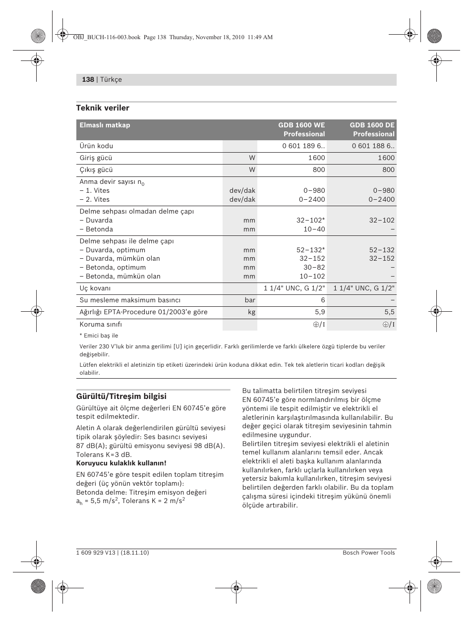 Bosch GDB 1600 WE Professional User Manual | Page 138 / 314
