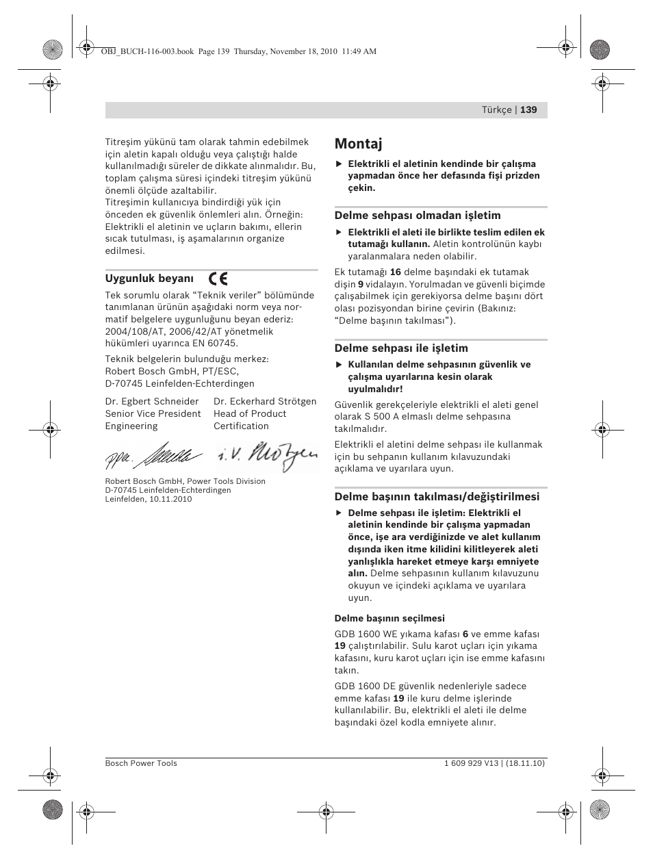 Montaj | Bosch GDB 1600 WE Professional User Manual | Page 139 / 314