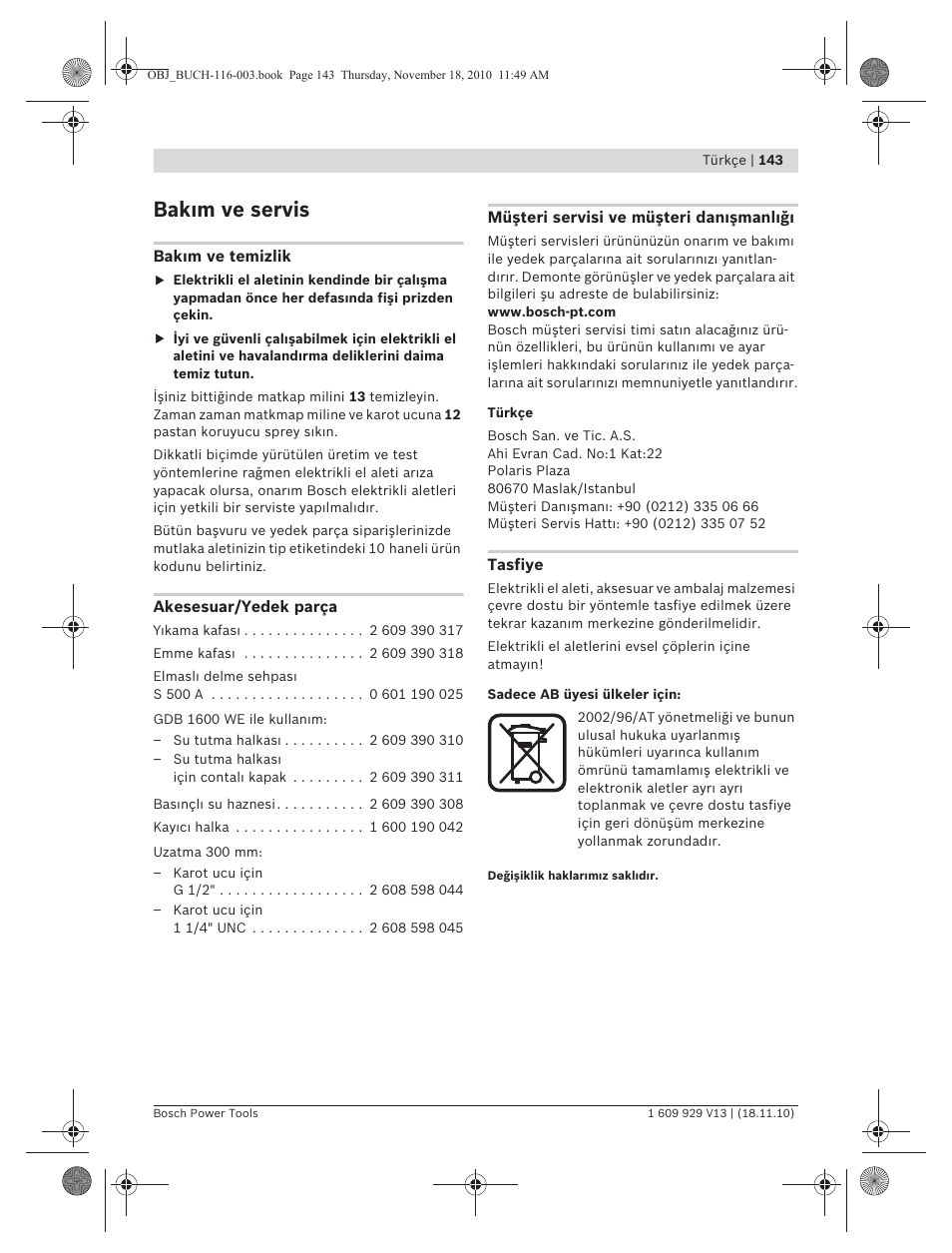 Bak m ve servis | Bosch GDB 1600 WE Professional User Manual | Page 143 / 314