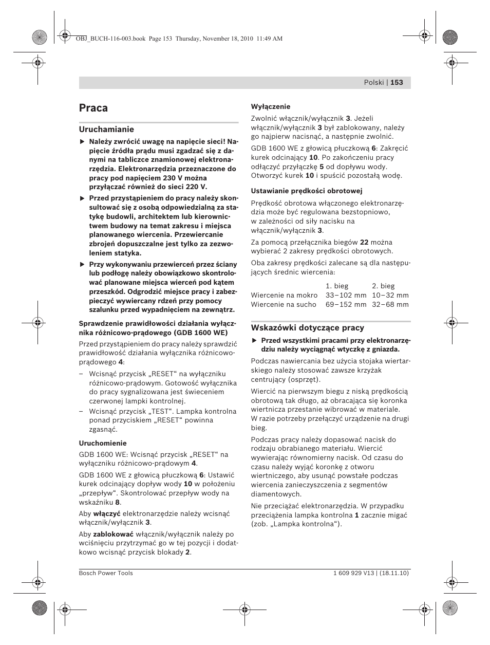 Praca | Bosch GDB 1600 WE Professional User Manual | Page 153 / 314