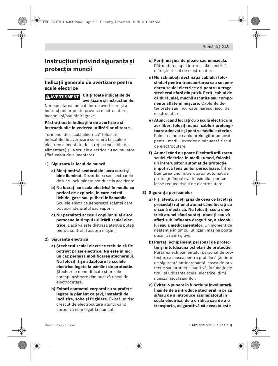 Instrucţiuni privind siguranţa şi protecţia muncii | Bosch GDB 1600 WE Professional User Manual | Page 213 / 314