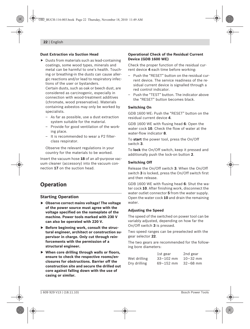 Operation | Bosch GDB 1600 WE Professional User Manual | Page 22 / 314