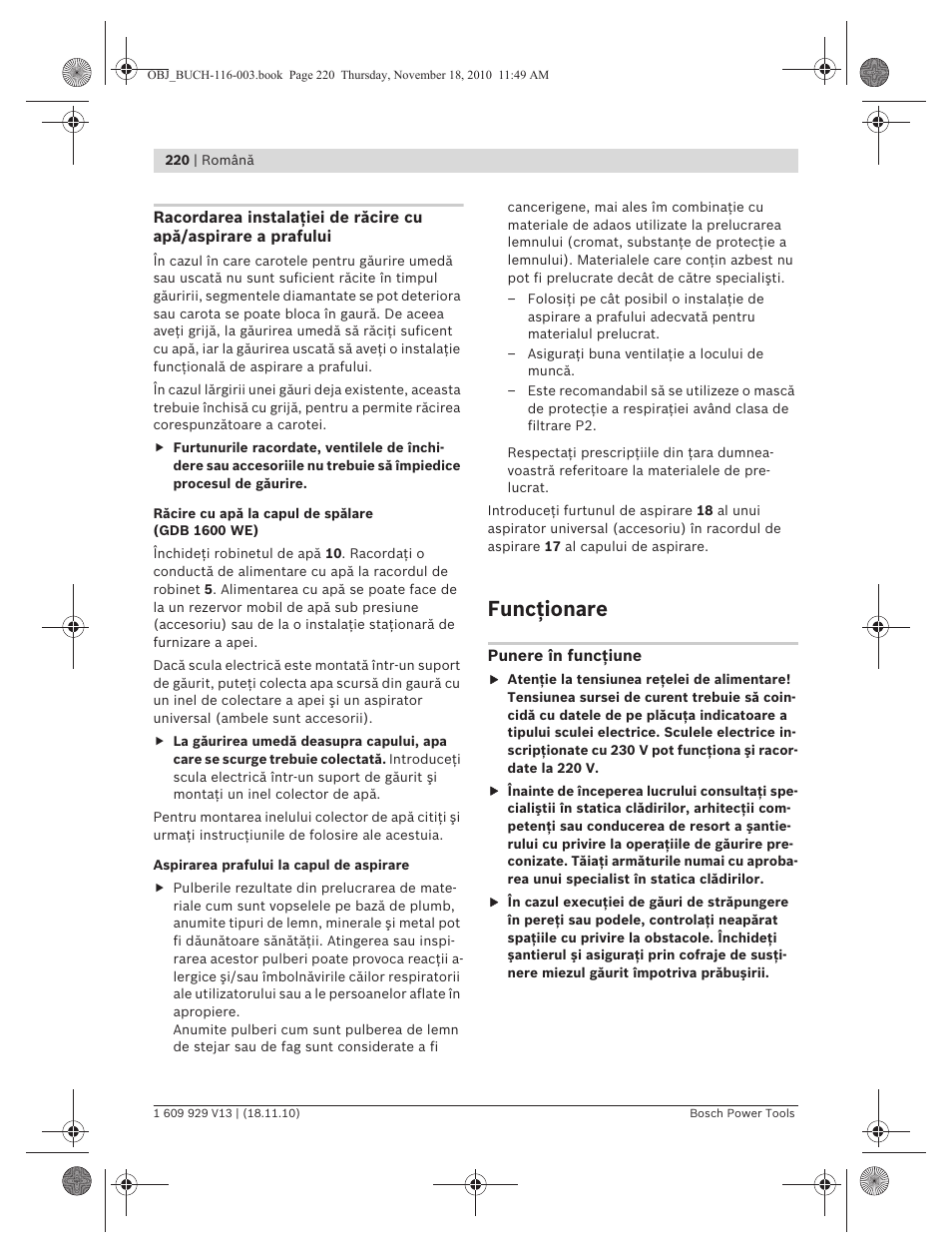 Funcţionare | Bosch GDB 1600 WE Professional User Manual | Page 220 / 314