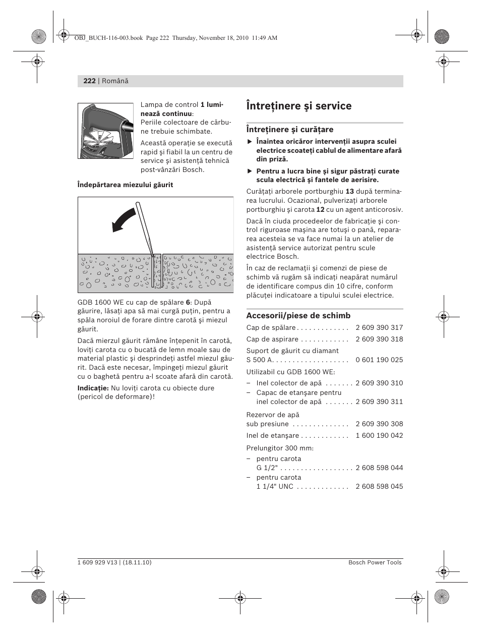 Întreţinere şi service | Bosch GDB 1600 WE Professional User Manual | Page 222 / 314