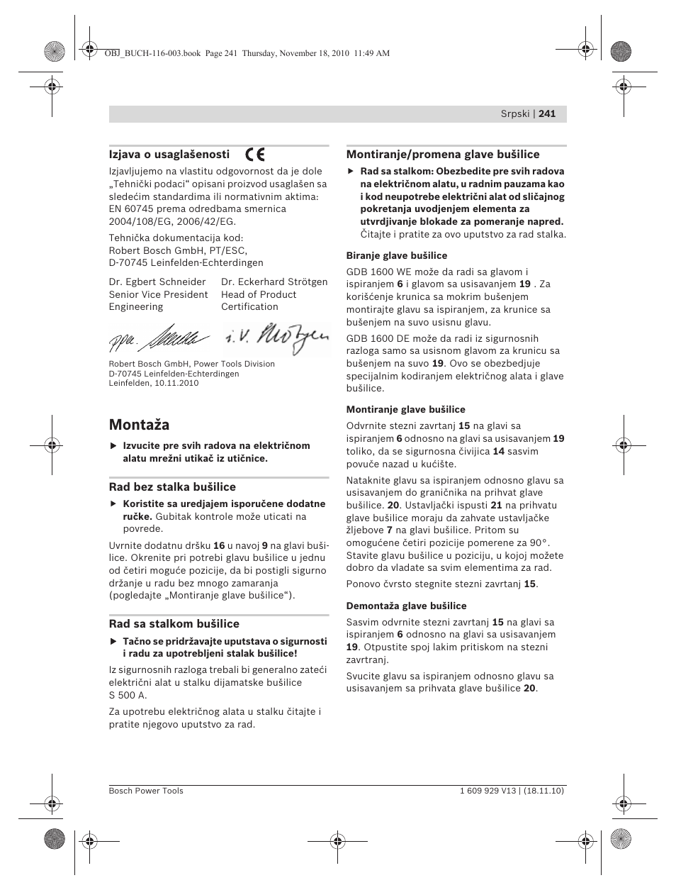 Montaža | Bosch GDB 1600 WE Professional User Manual | Page 241 / 314