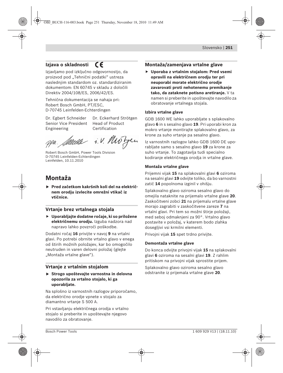 Montaža | Bosch GDB 1600 WE Professional User Manual | Page 251 / 314