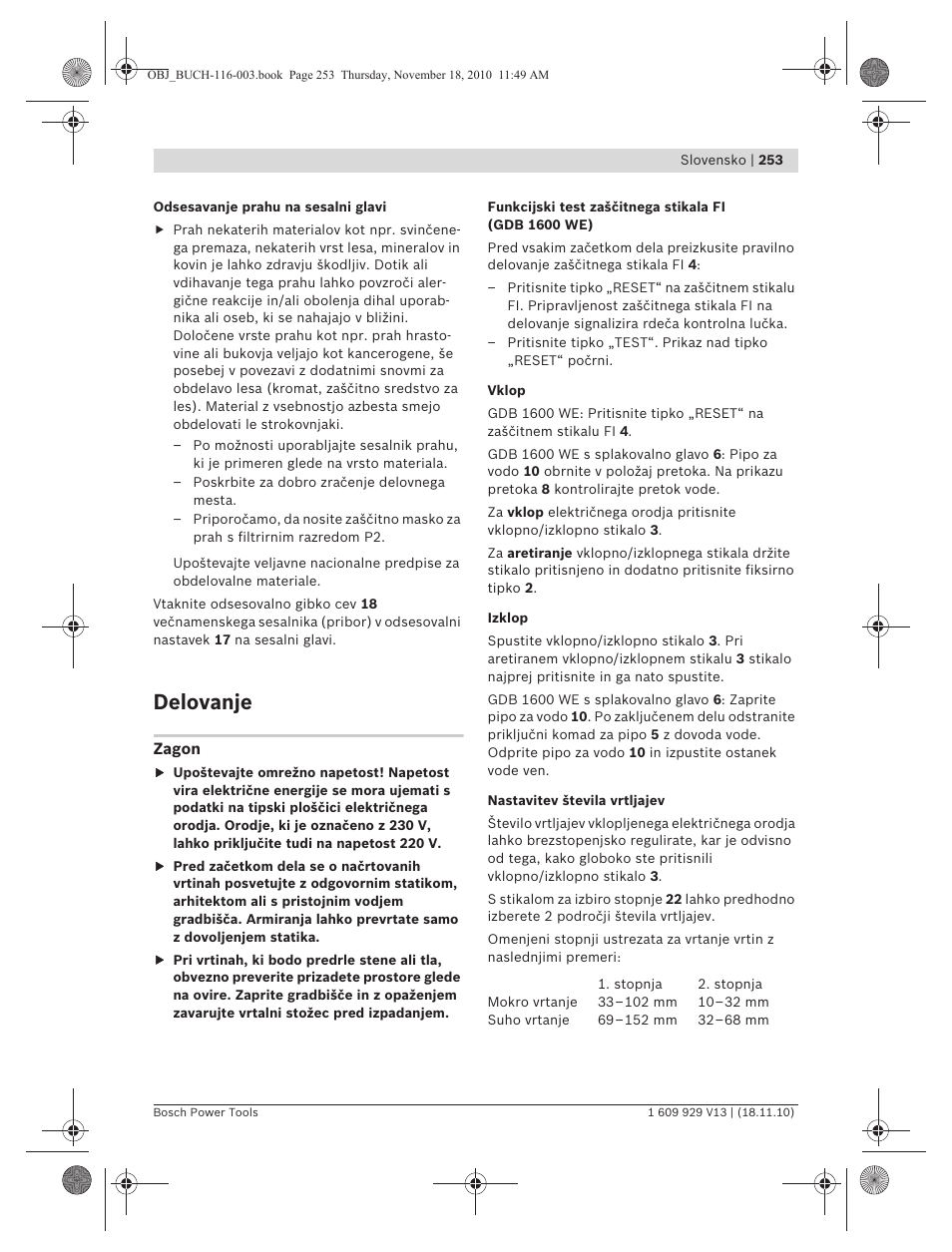 Delovanje | Bosch GDB 1600 WE Professional User Manual | Page 253 / 314