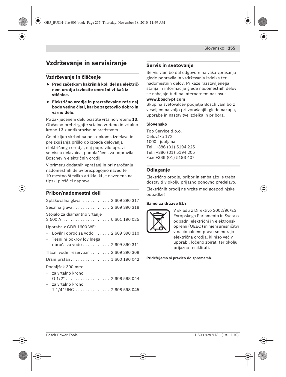 Vzdrževanje in servisiranje | Bosch GDB 1600 WE Professional User Manual | Page 255 / 314