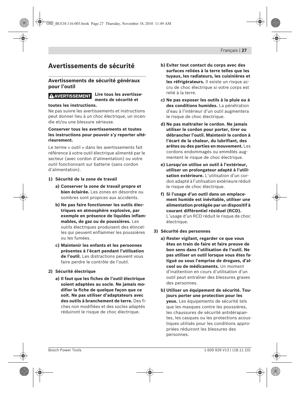 Avertissements de sécurité | Bosch GDB 1600 WE Professional User Manual | Page 27 / 314