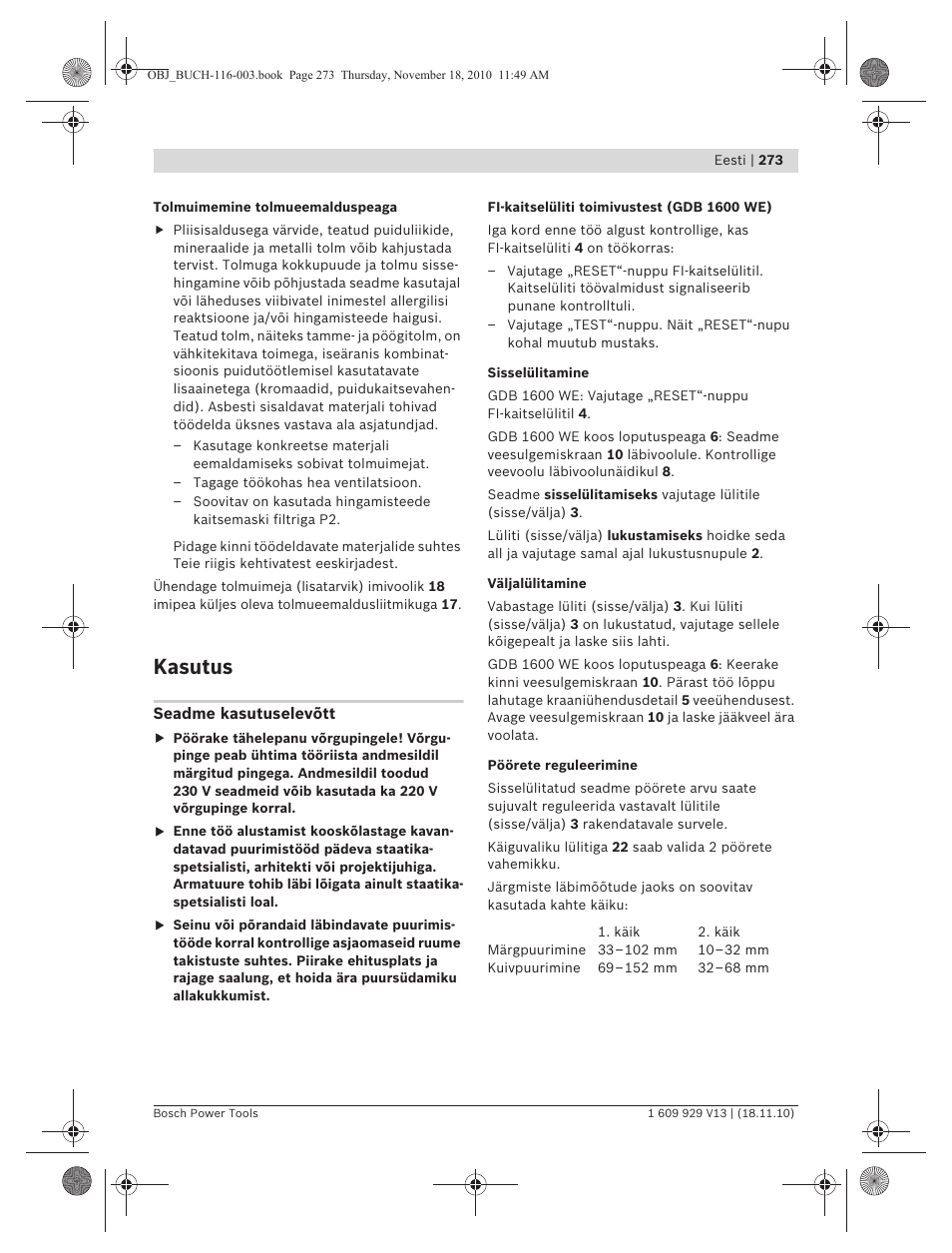 Kasutus | Bosch GDB 1600 WE Professional User Manual | Page 273 / 314