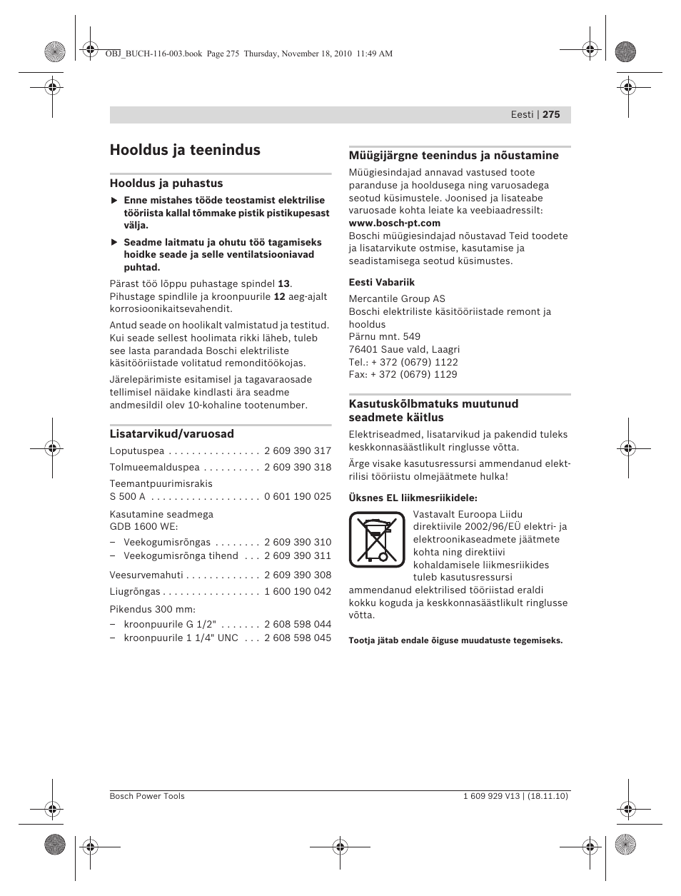 Hooldus ja teenindus | Bosch GDB 1600 WE Professional User Manual | Page 275 / 314