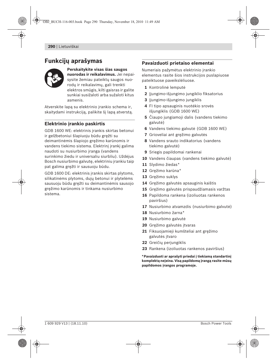 Funkcijų aprašymas | Bosch GDB 1600 WE Professional User Manual | Page 290 / 314