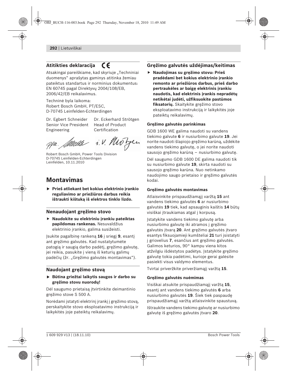 Montavimas | Bosch GDB 1600 WE Professional User Manual | Page 292 / 314