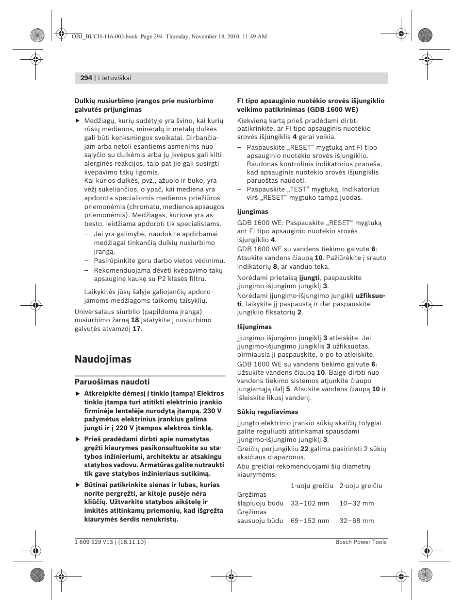 Naudojimas | Bosch GDB 1600 WE Professional User Manual | Page 294 / 314