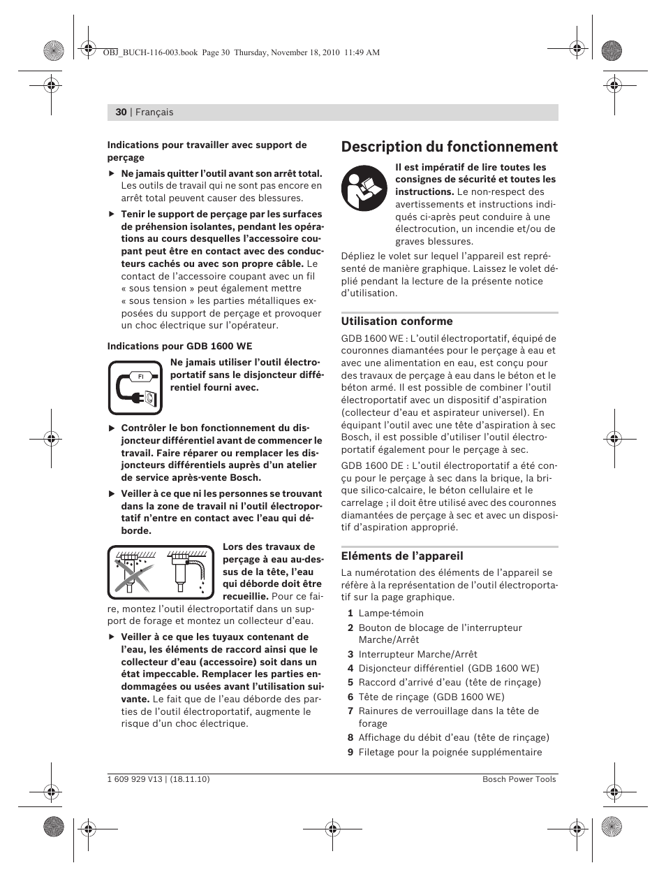 Description du fonctionnement | Bosch GDB 1600 WE Professional User Manual | Page 30 / 314