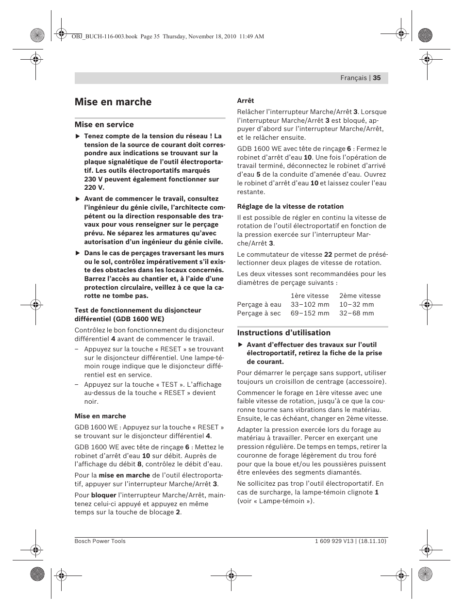 Mise en marche | Bosch GDB 1600 WE Professional User Manual | Page 35 / 314