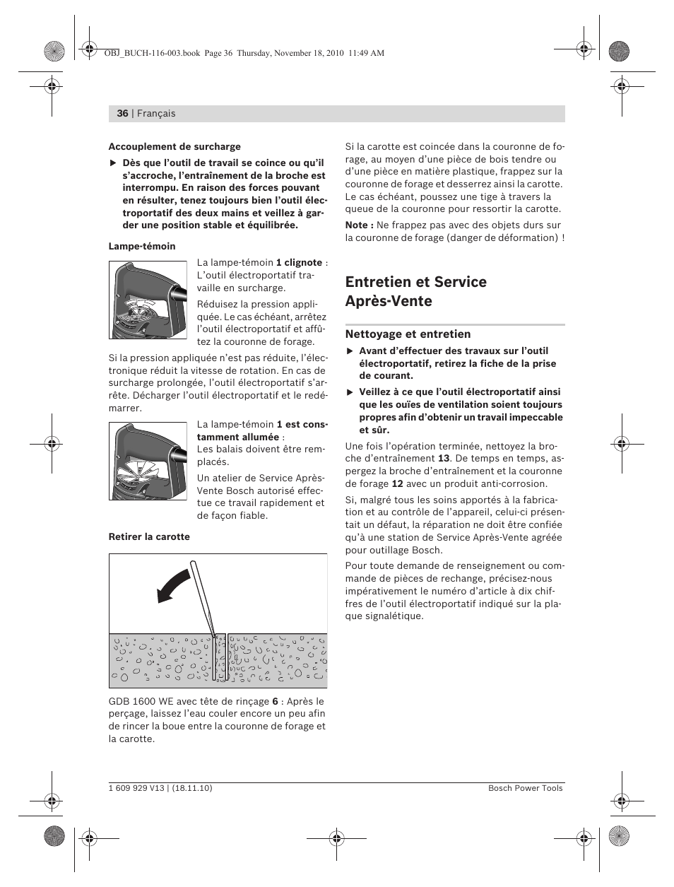 Entretien et service après-vente | Bosch GDB 1600 WE Professional User Manual | Page 36 / 314