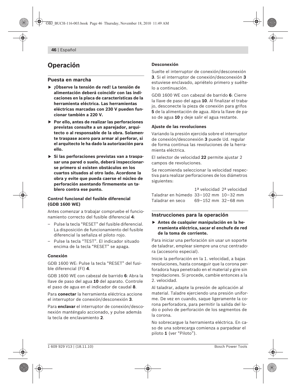 Operación | Bosch GDB 1600 WE Professional User Manual | Page 46 / 314