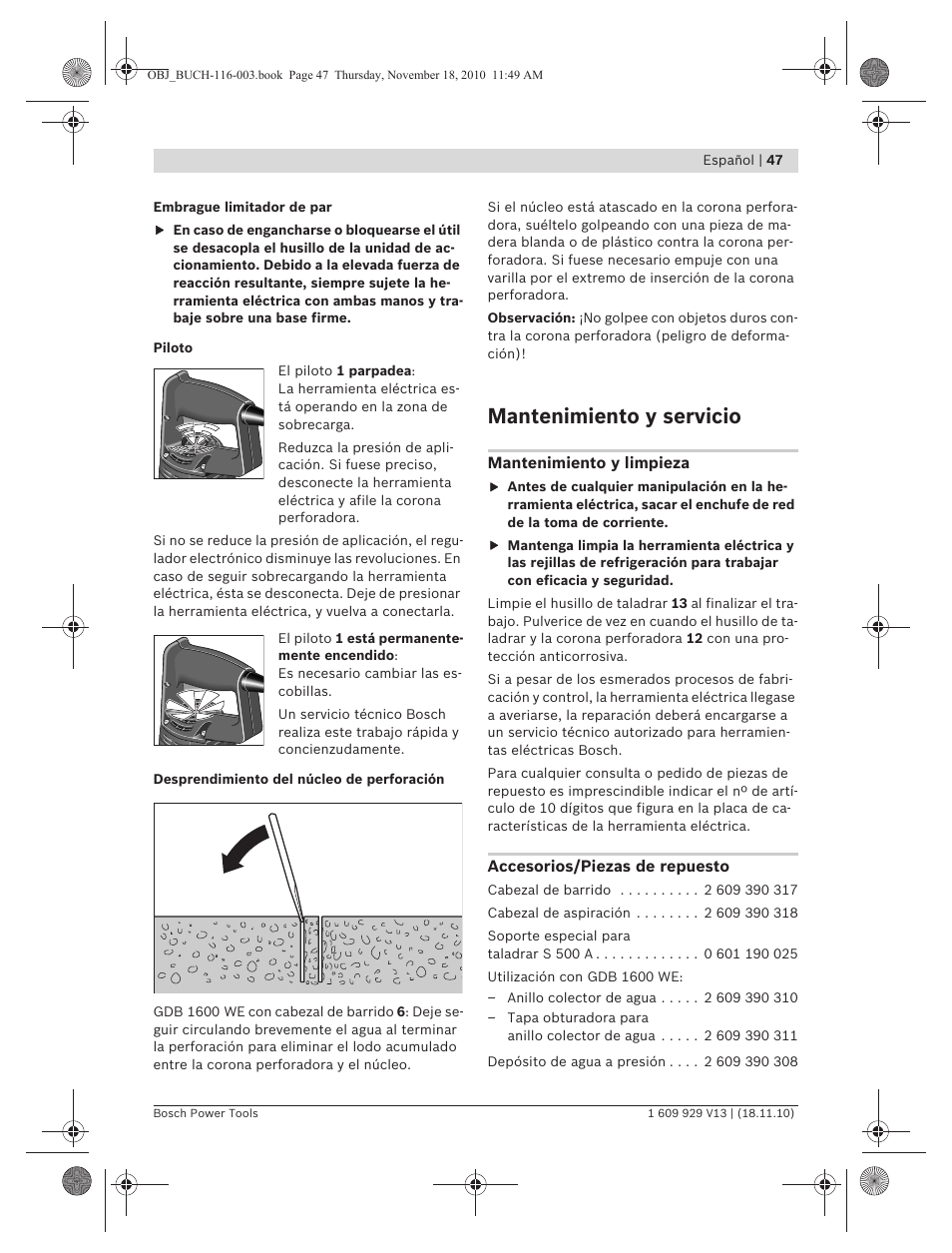 Mantenimiento y servicio | Bosch GDB 1600 WE Professional User Manual | Page 47 / 314