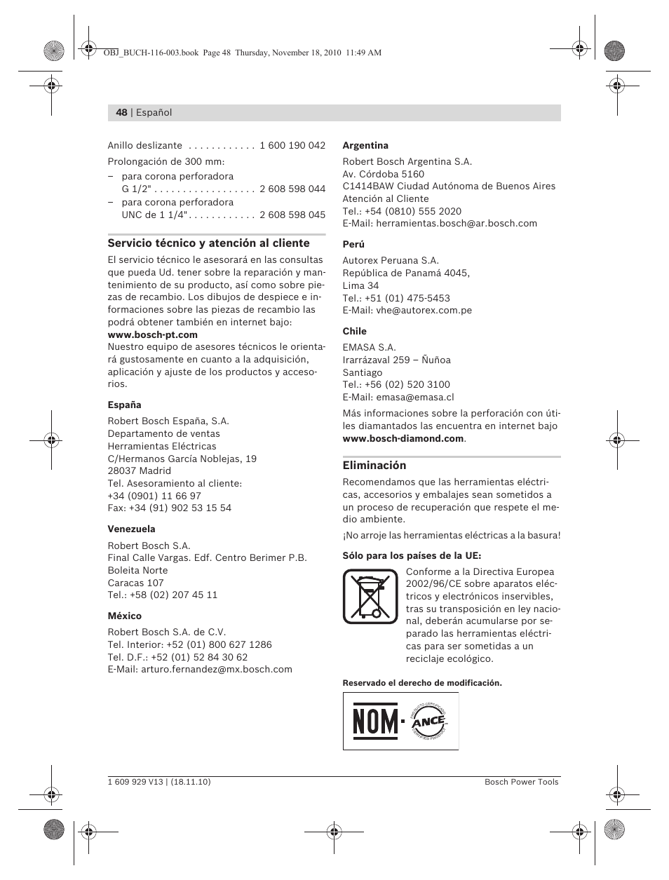 Servicio técnico y atención al cliente, Eliminación, 48 | español | Bosch GDB 1600 WE Professional User Manual | Page 48 / 314