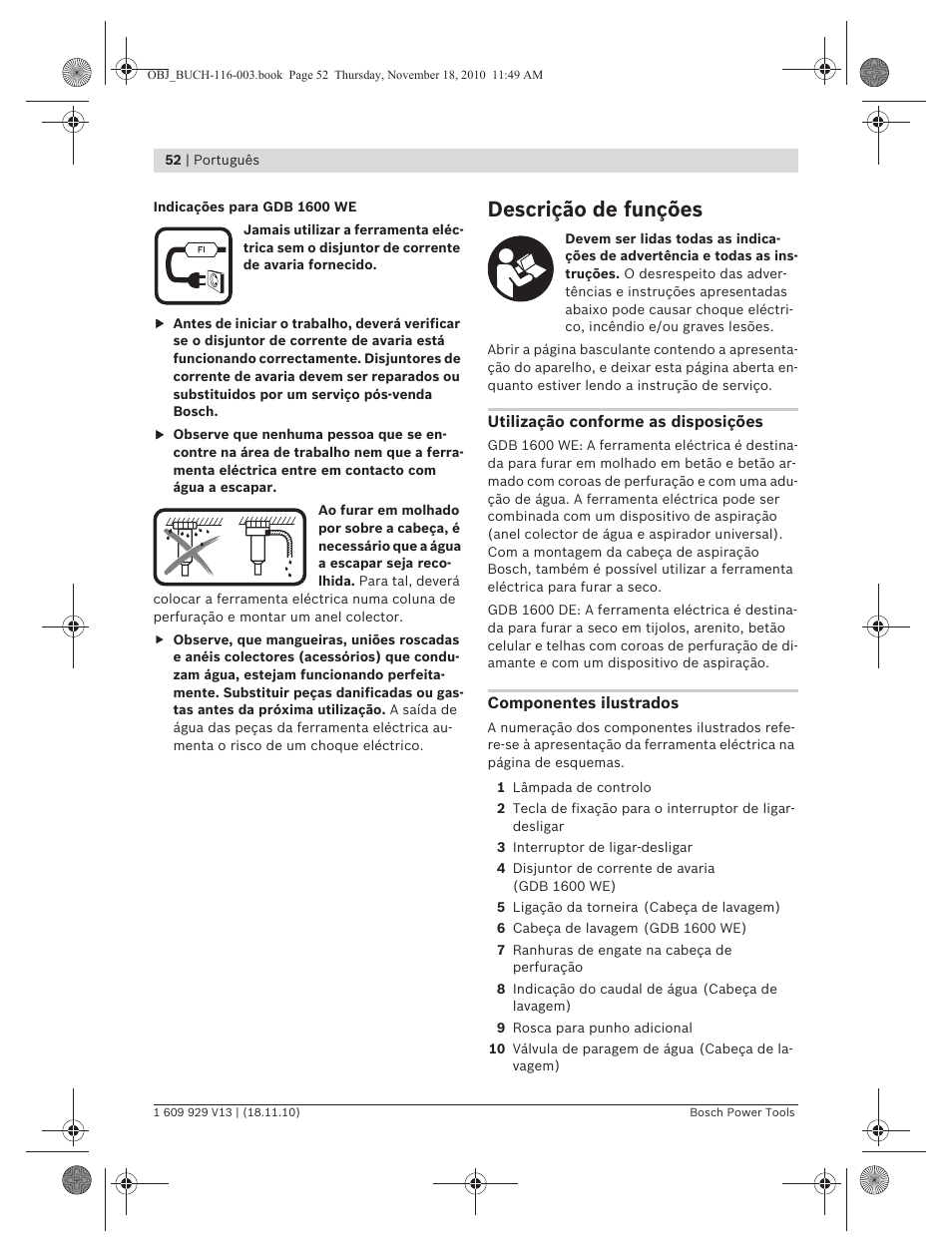 Descrição de funções | Bosch GDB 1600 WE Professional User Manual | Page 52 / 314