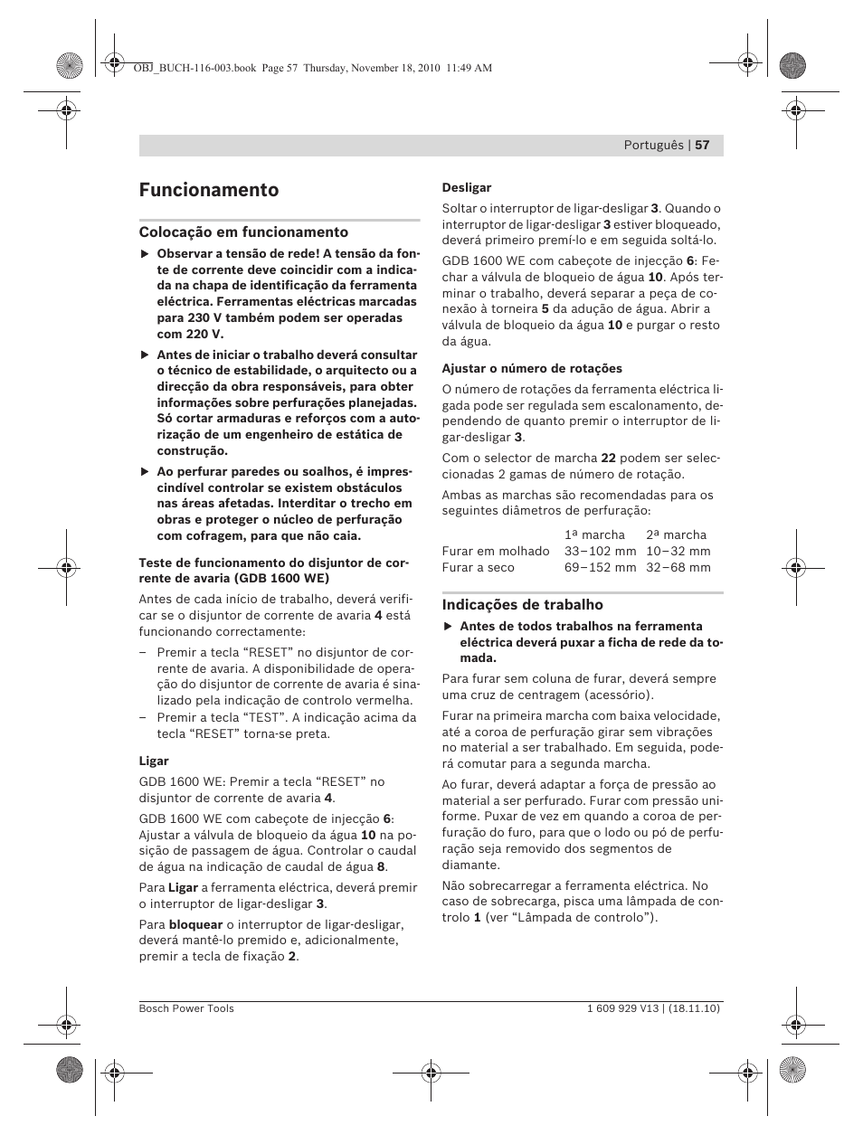 Funcionamento | Bosch GDB 1600 WE Professional User Manual | Page 57 / 314