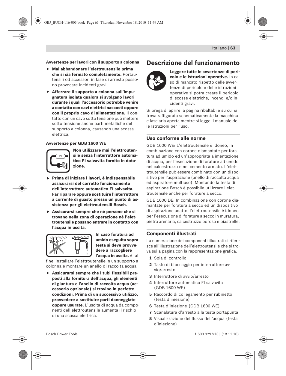 Descrizione del funzionamento | Bosch GDB 1600 WE Professional User Manual | Page 63 / 314