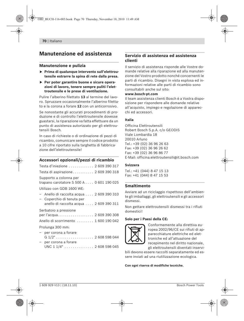 Manutenzione ed assistenza | Bosch GDB 1600 WE Professional User Manual | Page 70 / 314