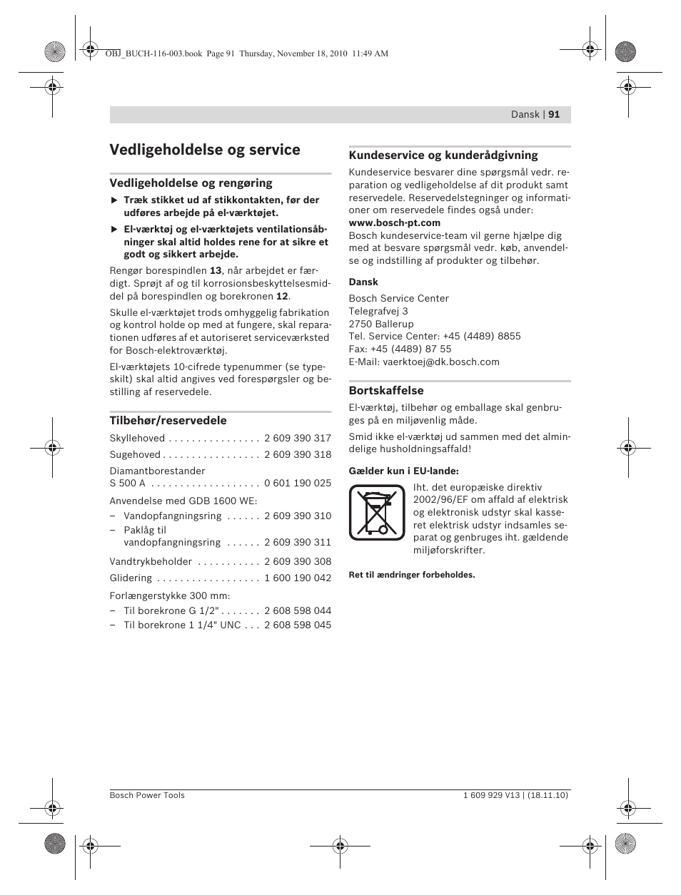 Vedligeholdelse og service | Bosch GDB 1600 WE Professional User Manual | Page 91 / 314