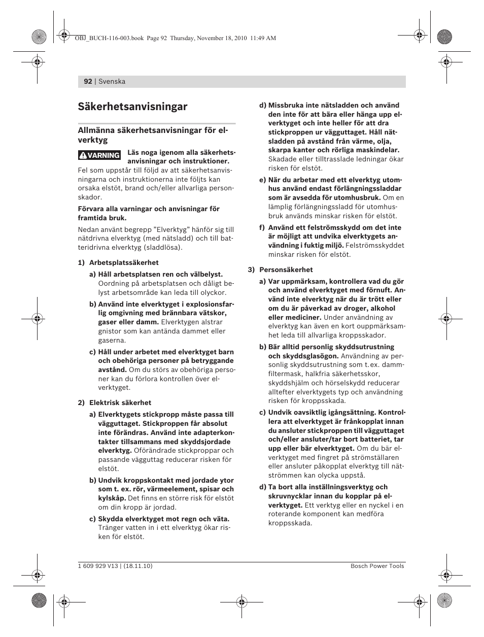 Säkerhetsanvisningar | Bosch GDB 1600 WE Professional User Manual | Page 92 / 314