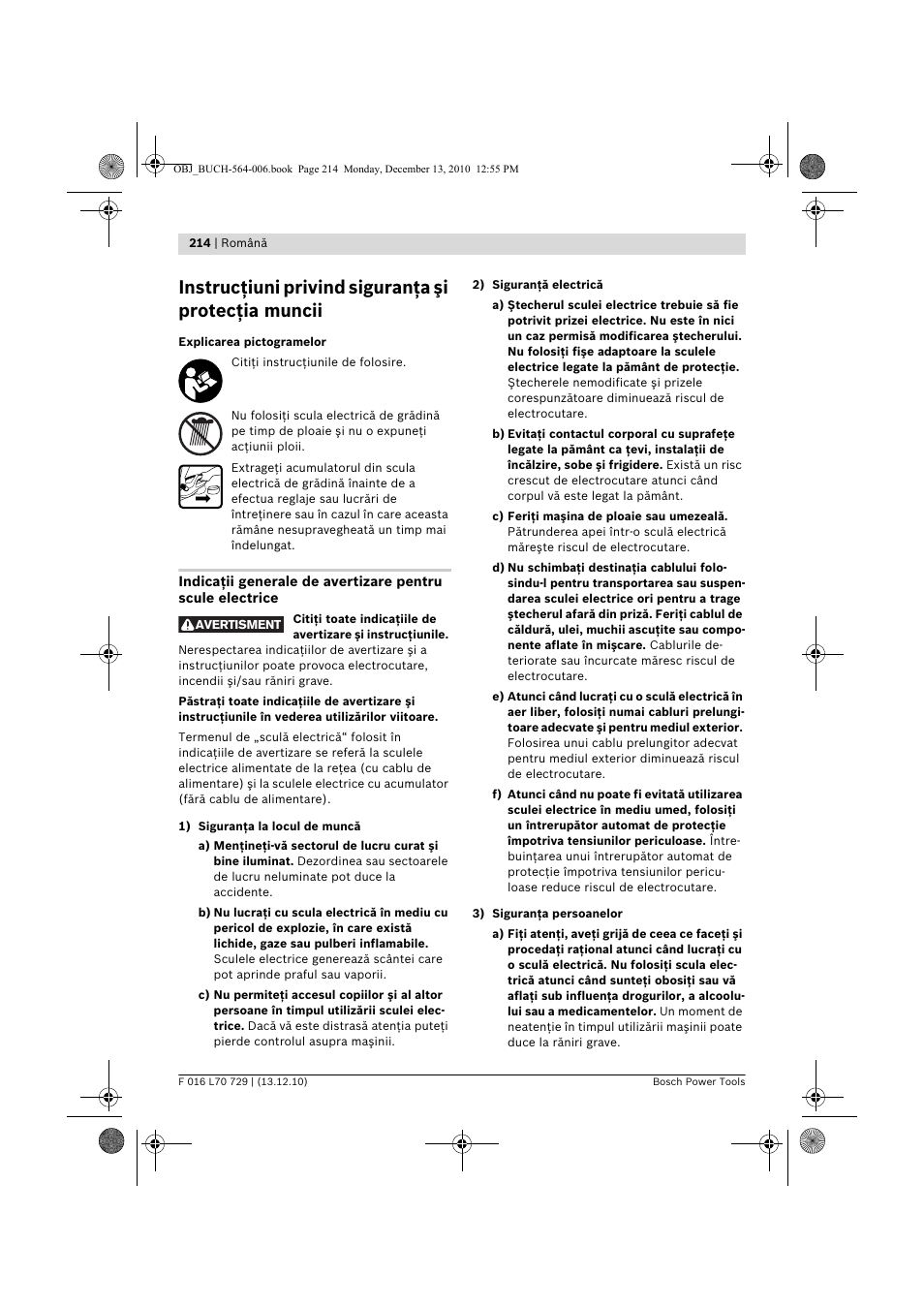 Instrucţiuni privind siguranţa şi protecţia muncii | Bosch AHS 52 LI User Manual | Page 214 / 297