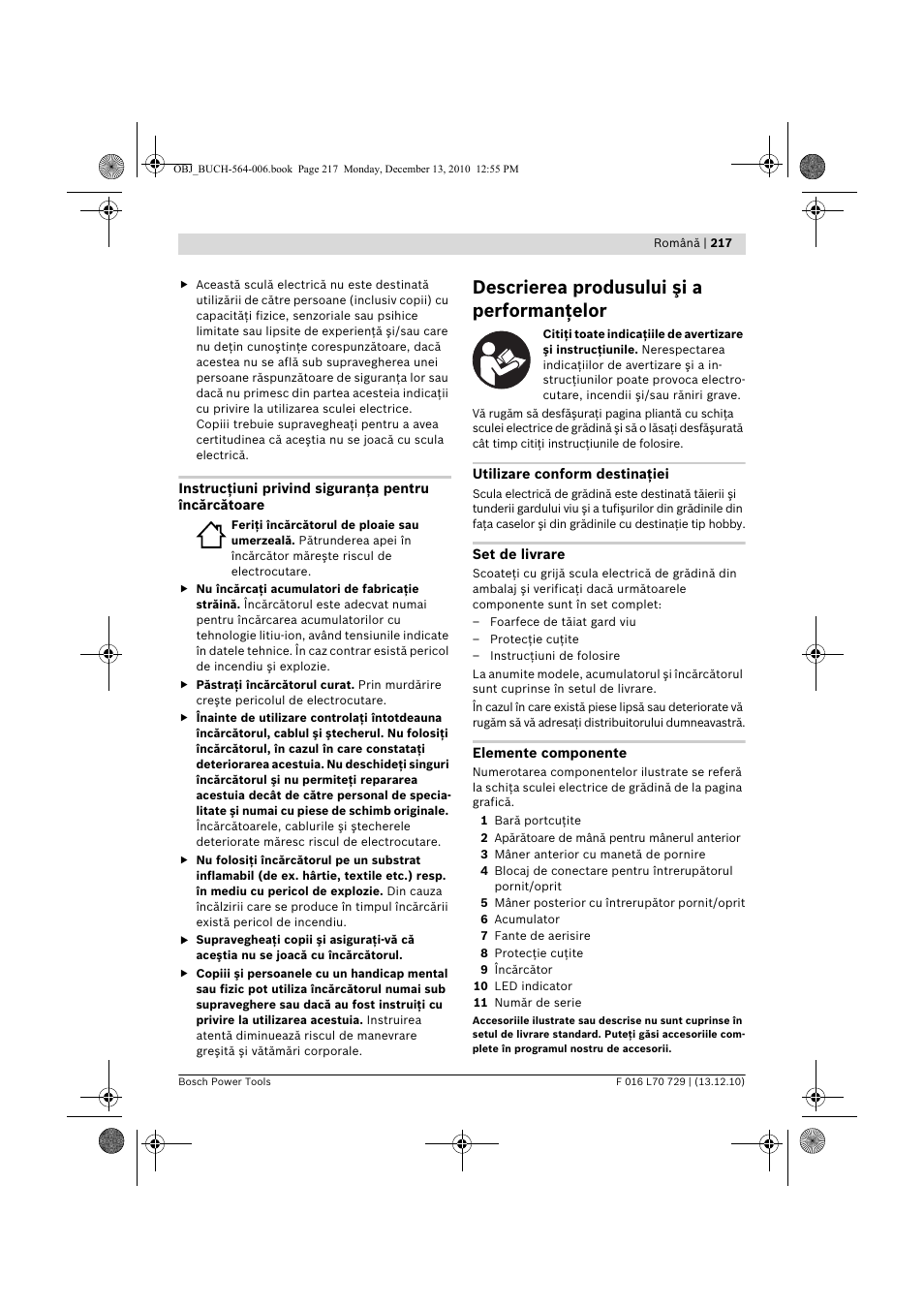 Descrierea produsului şi a performanţelor | Bosch AHS 52 LI User Manual | Page 217 / 297