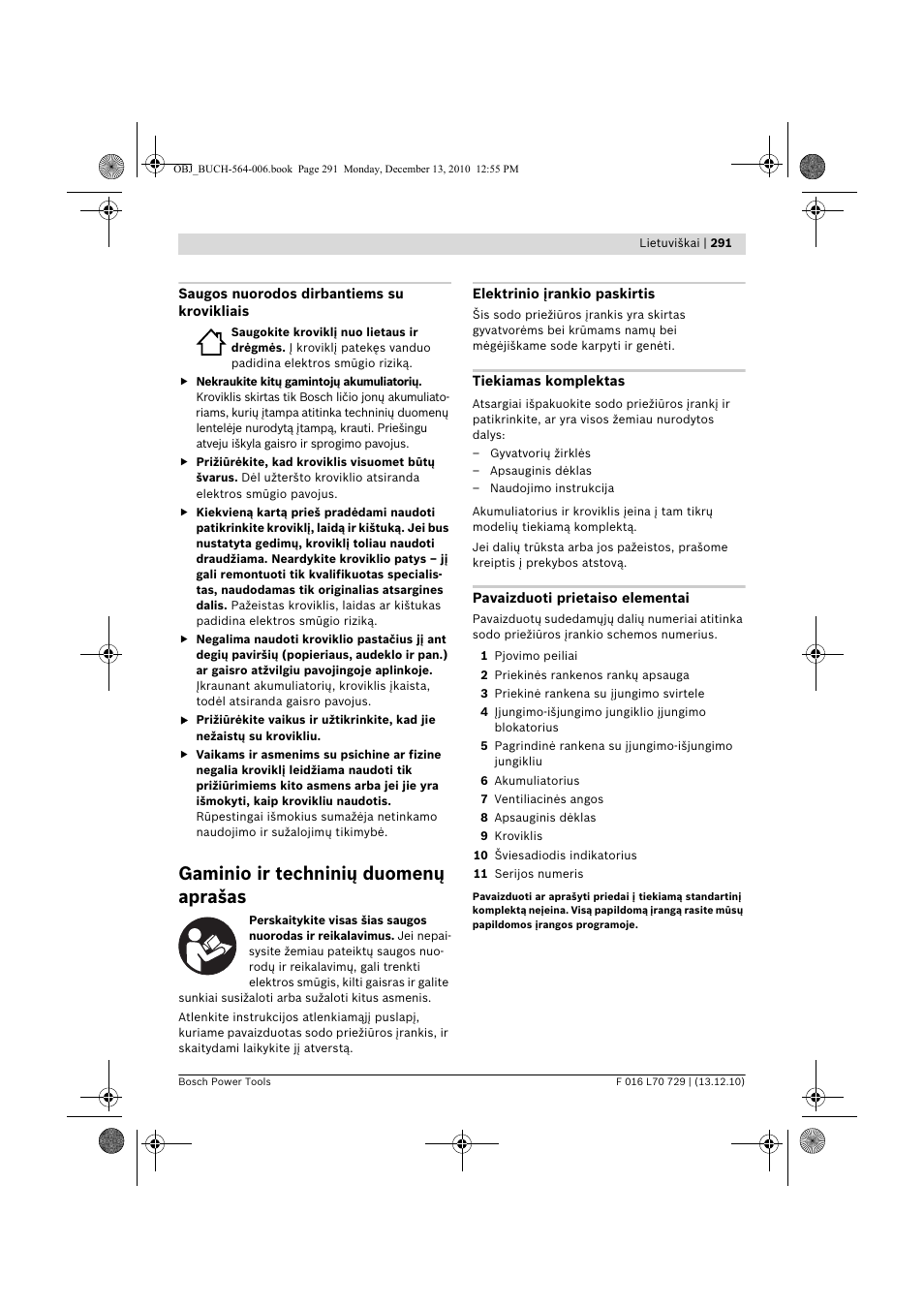 Gaminio ir techninių duomenų aprašas | Bosch AHS 52 LI User Manual | Page 291 / 297