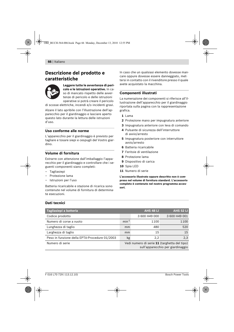 Descrizione del prodotto e caratteristiche | Bosch AHS 52 LI User Manual | Page 66 / 297