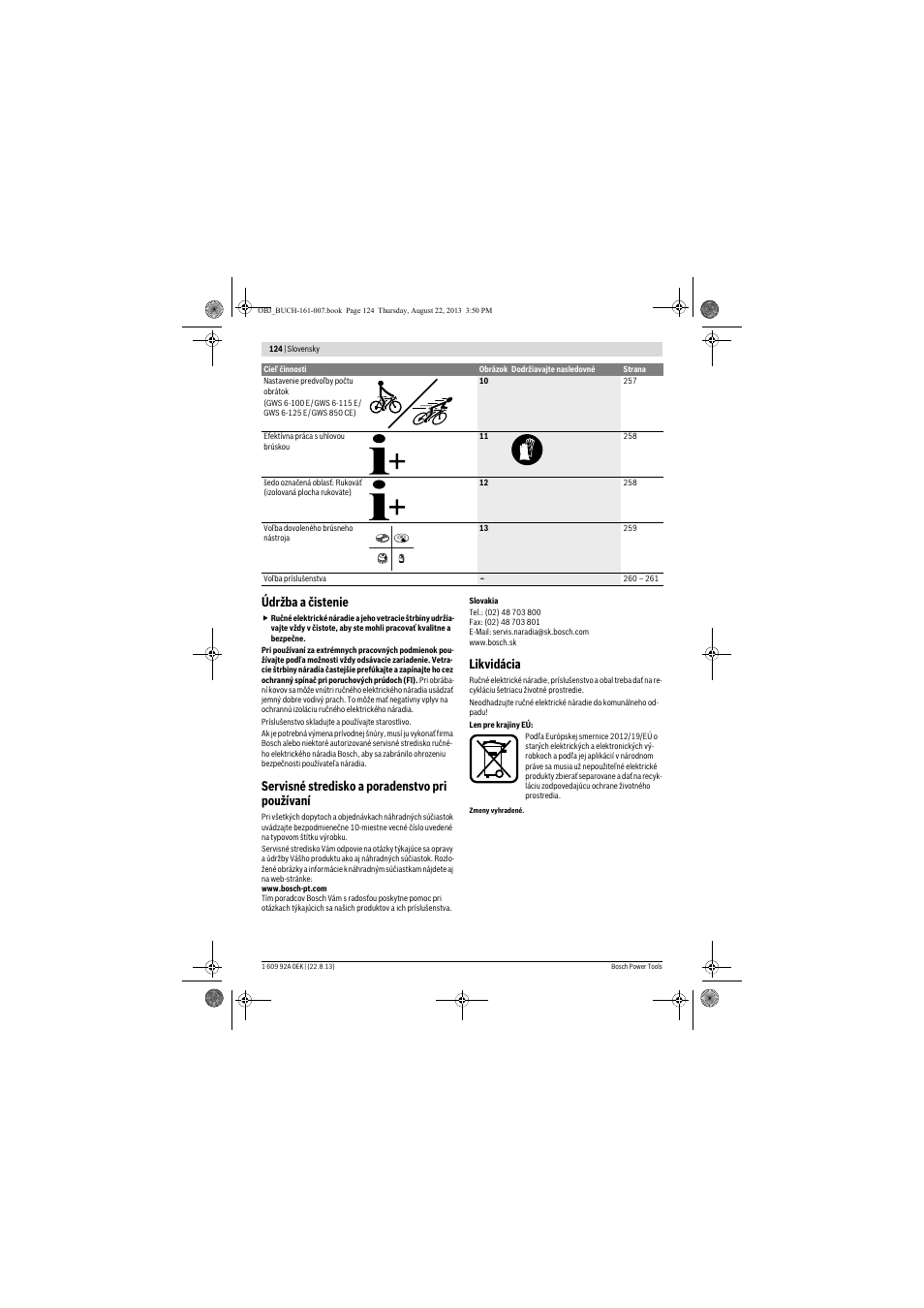 Údržba a čistenie, Servisné stredisko a poradenstvo pri používaní, Likvidácia | Bosch GWS 780 C Professional User Manual | Page 124 / 261