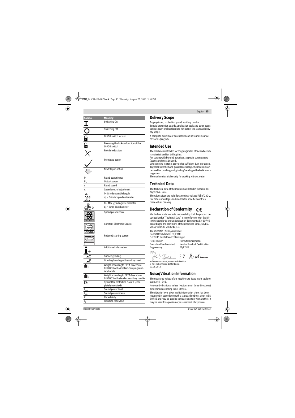 Delivery scope, Intended use, Technical data | Declaration of conformity, Noise/vibration information | Bosch GWS 780 C Professional User Manual | Page 15 / 261