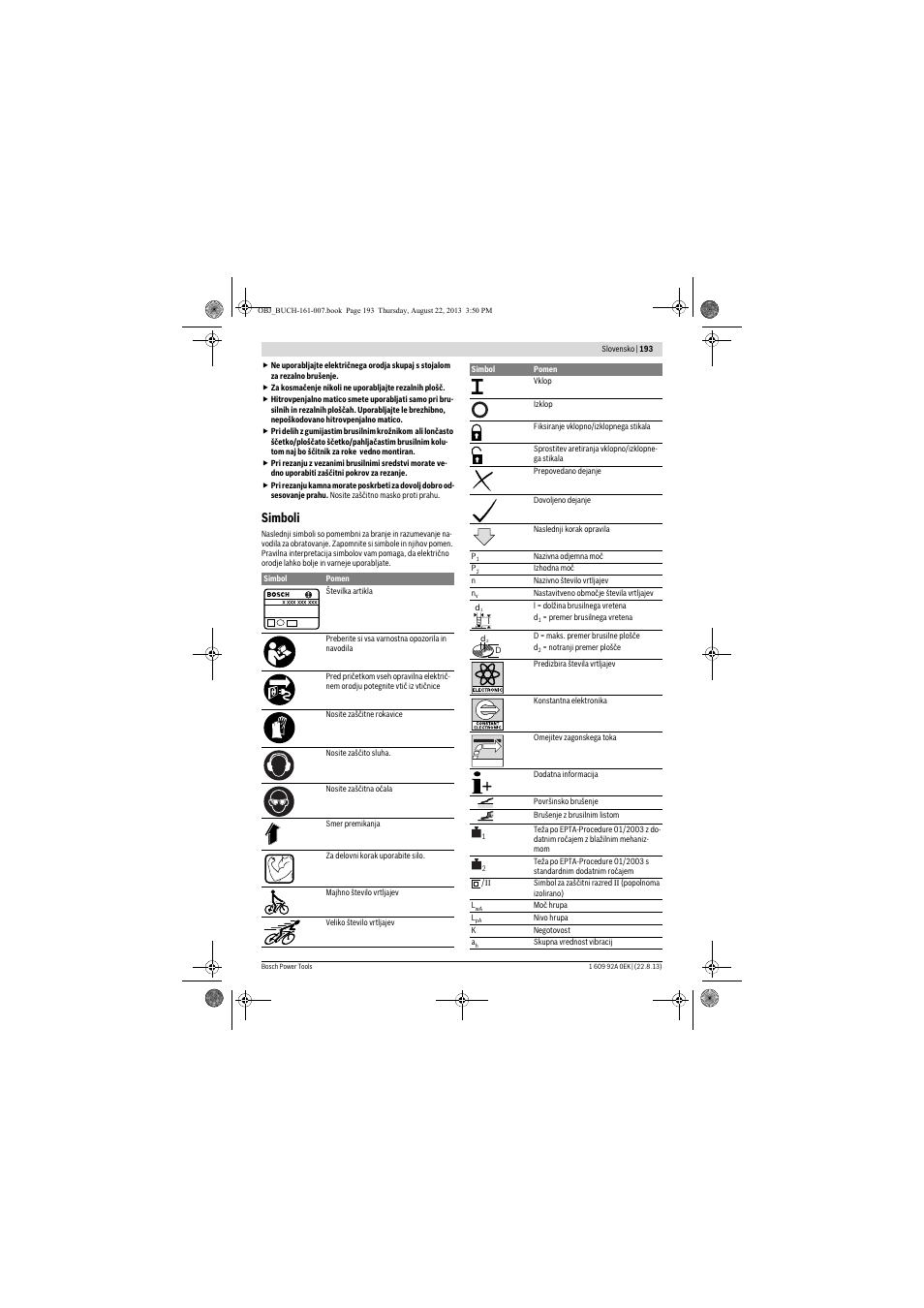 Simboli | Bosch GWS 780 C Professional User Manual | Page 193 / 261