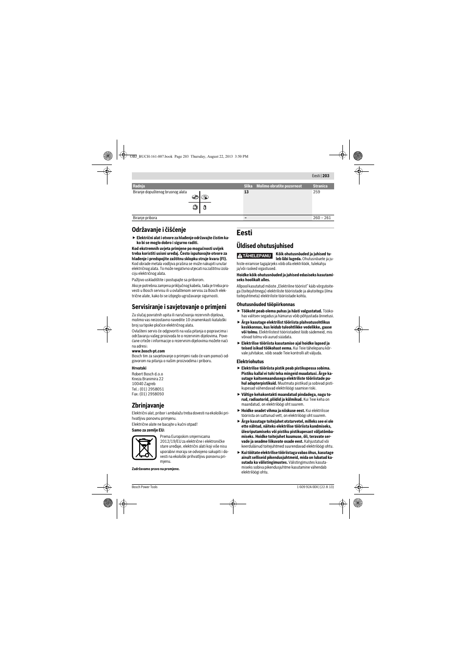 Eesti, Održavanje i čišćenje, Servisiranje i savjetovanje o primjeni | Zbrinjavanje, Üldised ohutusjuhised | Bosch GWS 780 C Professional User Manual | Page 203 / 261
