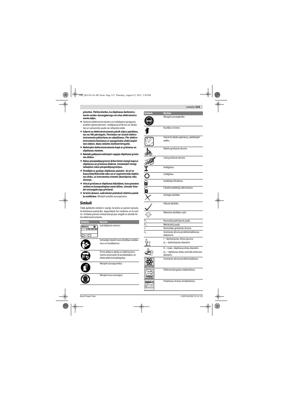 Simboli | Bosch GWS 780 C Professional User Manual | Page 215 / 261