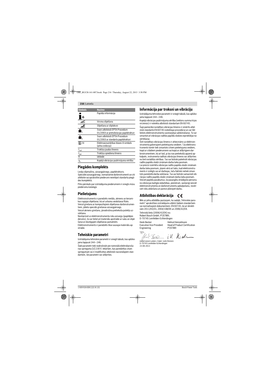 Piegādes komplekts, Pielietojums, Tehniskie parametri | Informācija par troksni un vibrāciju, Atbilstības deklarācija | Bosch GWS 780 C Professional User Manual | Page 216 / 261