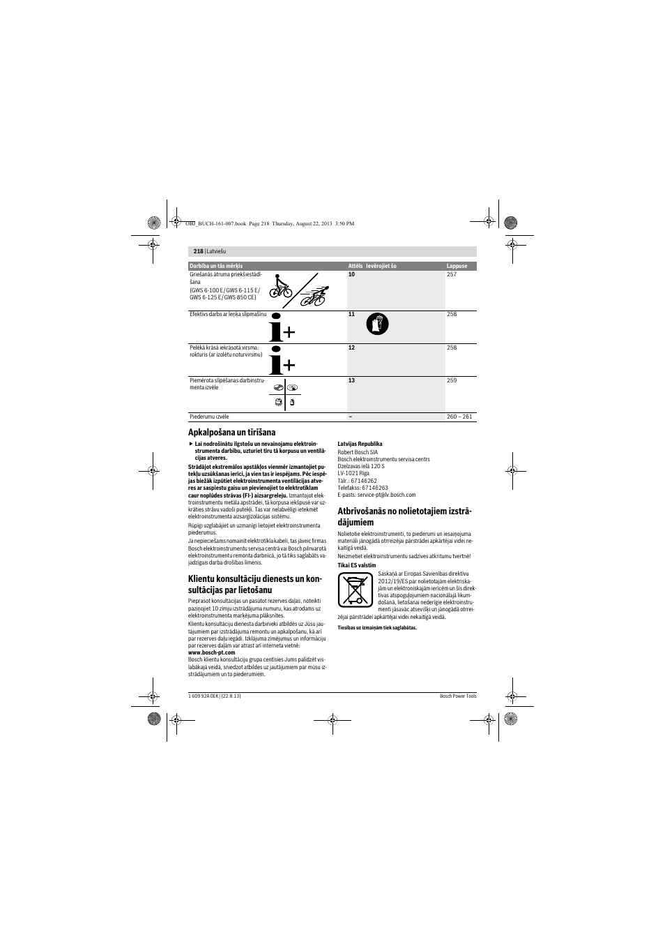 Apkalpošana un tīrīšana, Atbrīvošanās no nolietotajiem izstrā- dājumiem | Bosch GWS 780 C Professional User Manual | Page 218 / 261