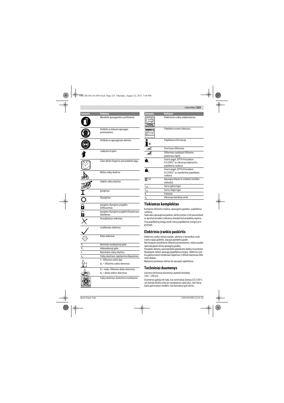 Tiekiamas komplektas, Elektrinio įrankio paskirtis, Techniniai duomenys | Bosch GWS 780 C Professional User Manual | Page 223 / 261