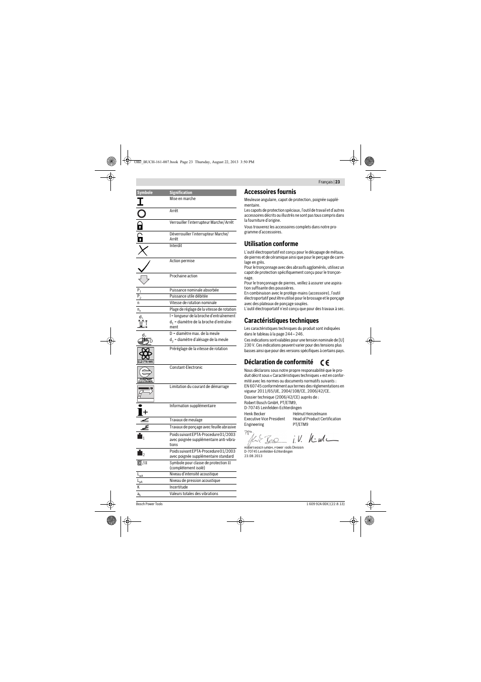 Accessoires fournis, Utilisation conforme, Caractéristiques techniques | Déclaration de conformité | Bosch GWS 780 C Professional User Manual | Page 23 / 261