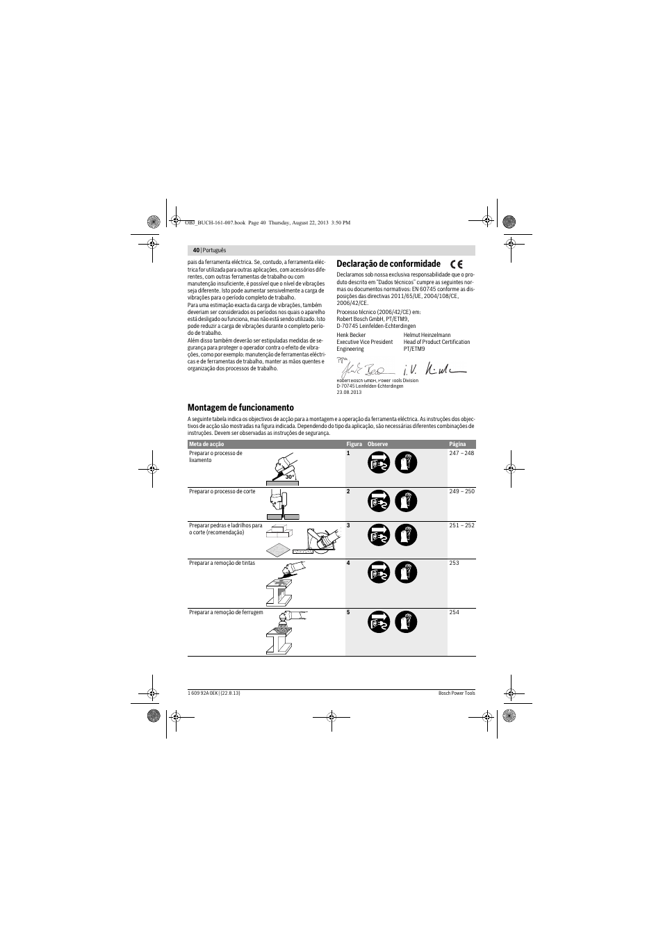 Declaração de conformidade, Montagem de funcionamento | Bosch GWS 780 C Professional User Manual | Page 40 / 261