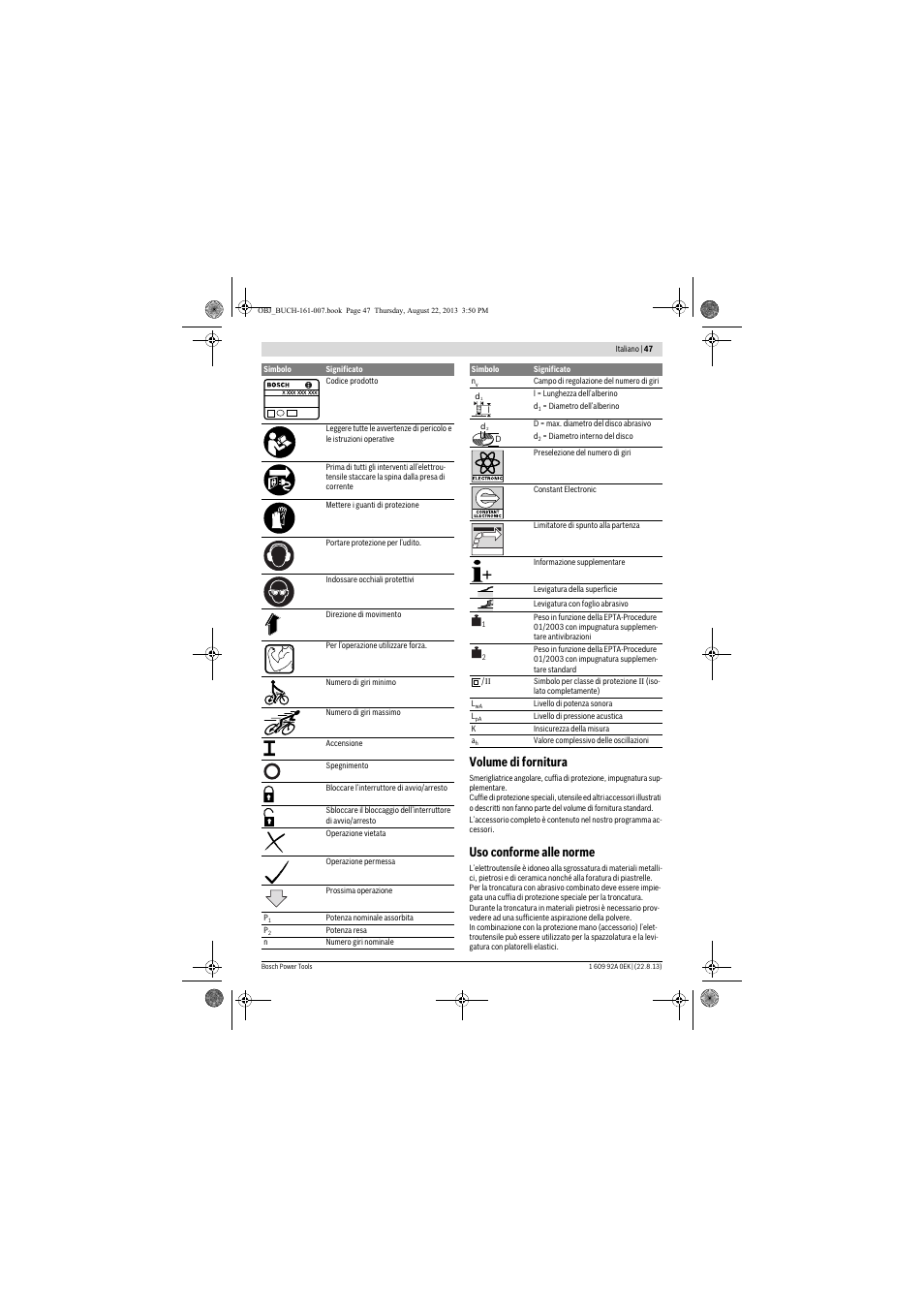 Volume di fornitura, Uso conforme alle norme | Bosch GWS 780 C Professional User Manual | Page 47 / 261