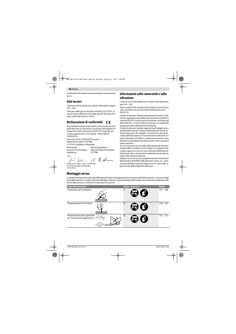 Dati tecnici, Dichiarazione di conformità, Informazioni sulla rumorosità e sulla vibrazione | Montaggio ed uso | Bosch GWS 780 C Professional User Manual | Page 48 / 261