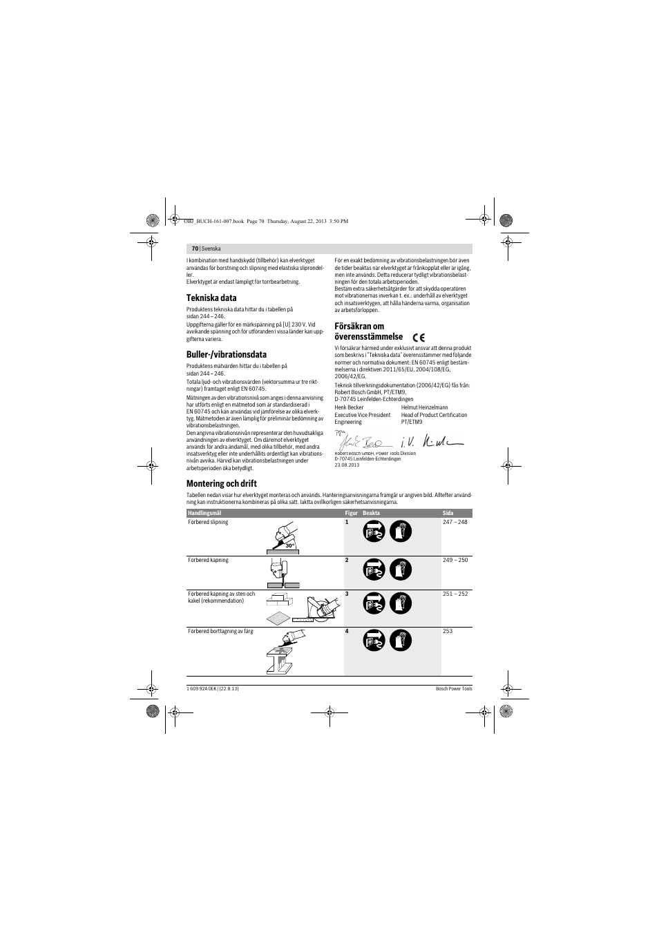 Tekniska data, Buller-/vibrationsdata, Försäkran om överensstämmelse | Montering och drift | Bosch GWS 780 C Professional User Manual | Page 70 / 261