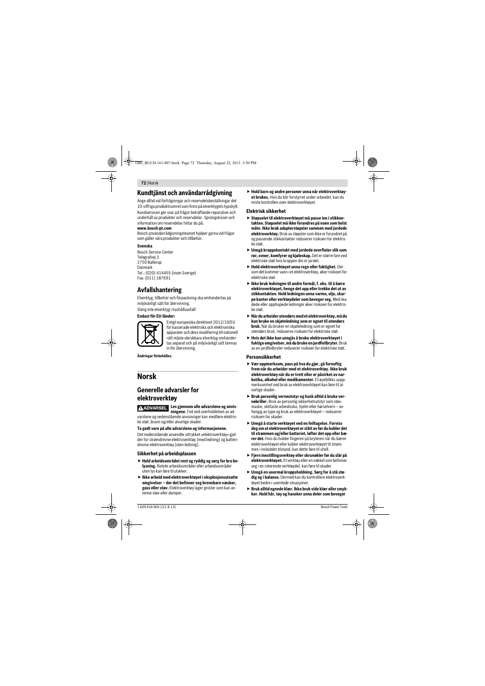 Norsk, Kundtjänst och användarrådgivning, Avfallshantering | Generelle advarsler for elektroverktøy | Bosch GWS 780 C Professional User Manual | Page 72 / 261