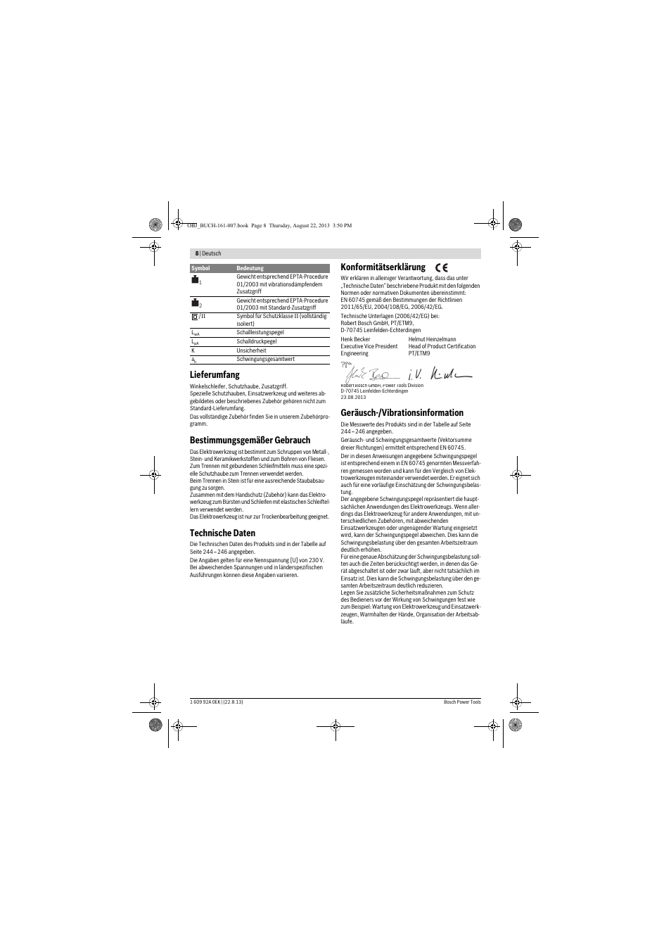 Lieferumfang, Bestimmungsgemäßer gebrauch, Technische daten | Konformitätserklärung, Geräusch-/vibrationsinformation | Bosch GWS 780 C Professional User Manual | Page 8 / 261